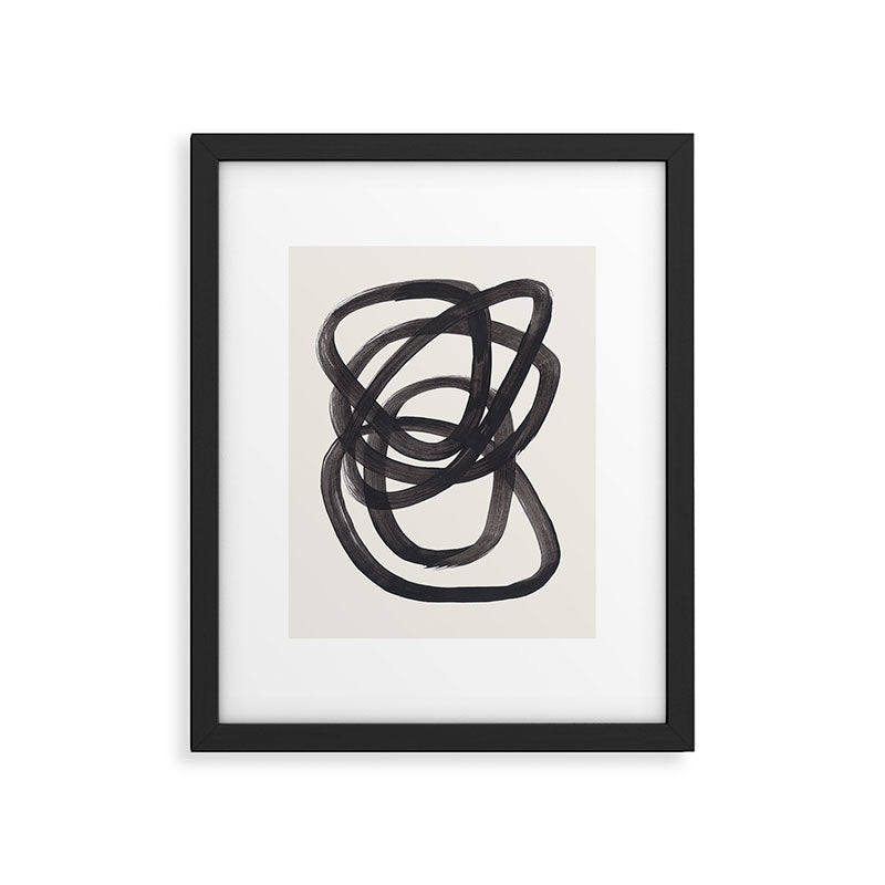 Mid Century Modern Minimalist Abstract Art Brush Strokes Black & White Ink Art Spiral Circles Framed Art Print Gallery Image 1