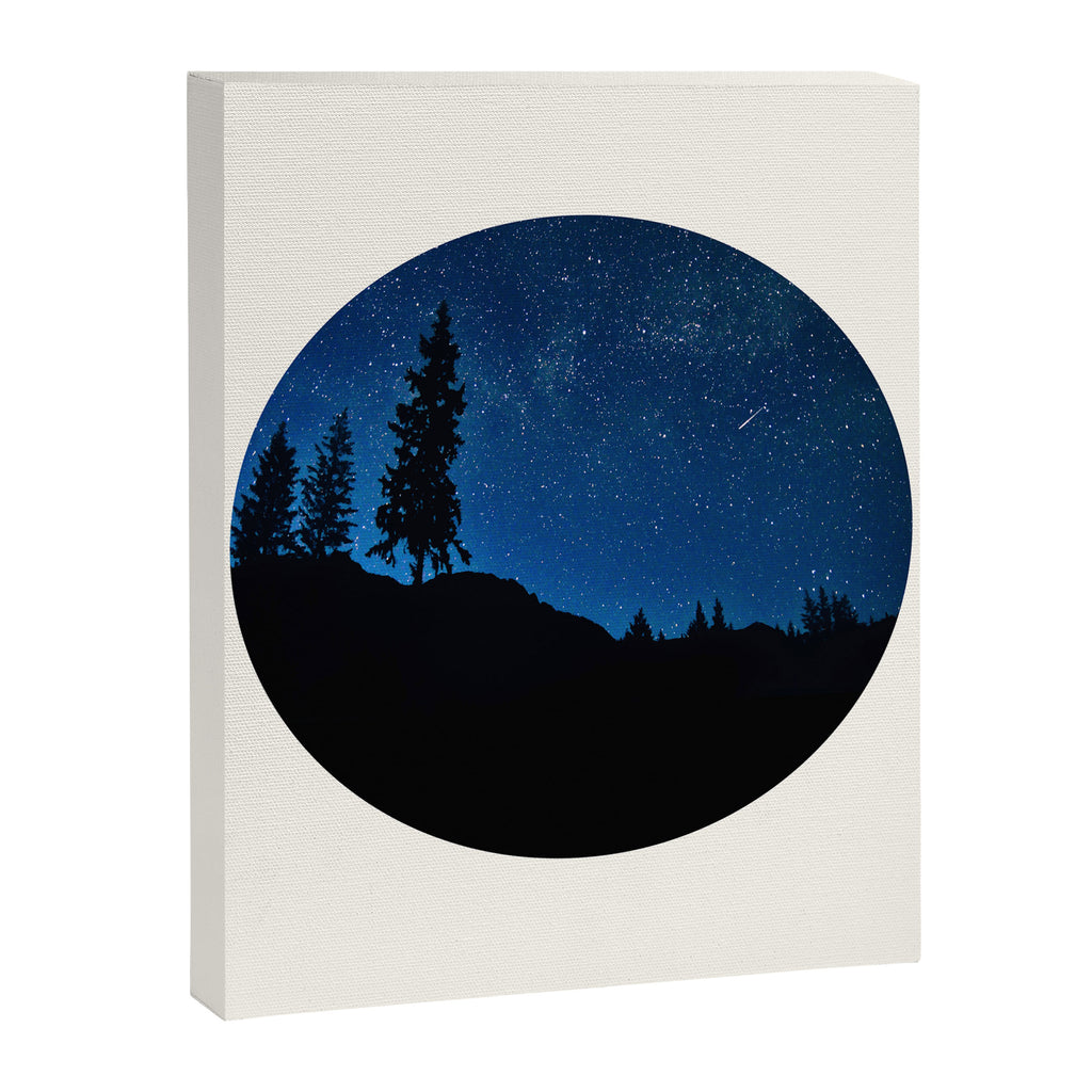 Mid Century Modern Round Circle Photo Blue Star Night Sky Pine Tree Silhouette Canvas Print Gallery Image 6