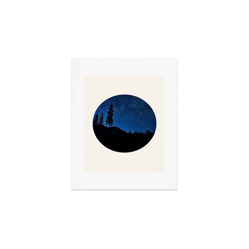 Mid Century Modern Round Circle Photo Blue Star Night Sky Pine Tree Silhouette Art Print Gallery Image 1