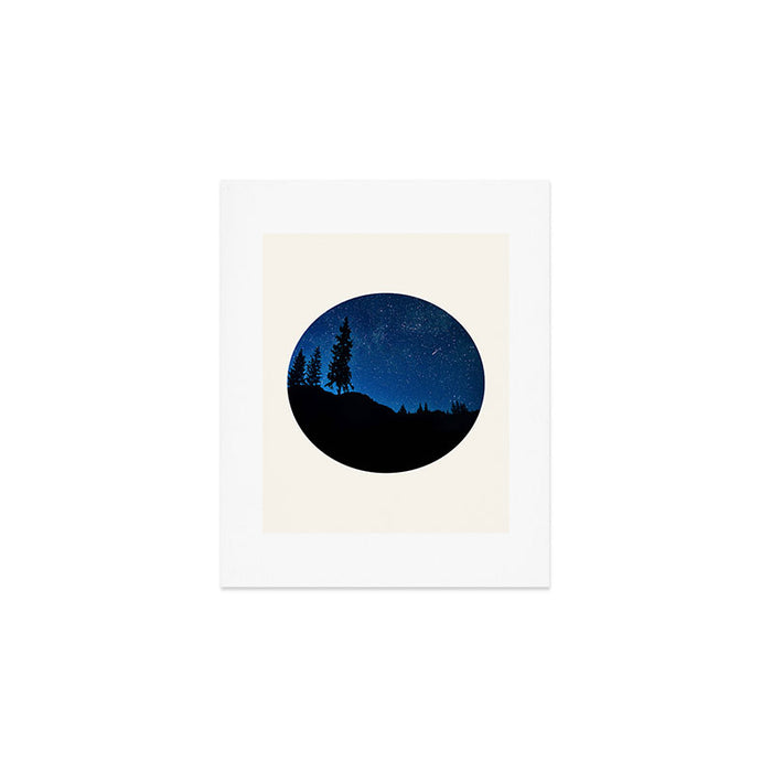 Mid Century Modern Round Circle Photo Blue Star Night Sky Pine Tree Silhouette Art Print Gallery Image 1