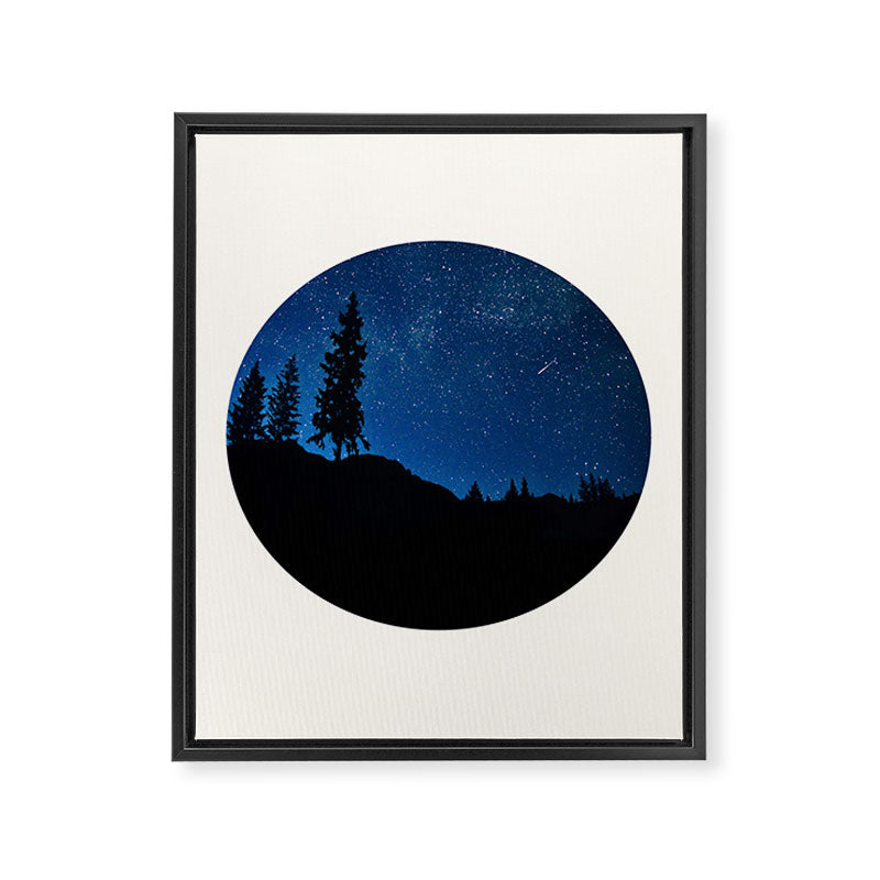 Mid Century Modern Round Circle Photo Blue Star Night Sky Pine Tree Silhouette Framed Canvas Print Gallery Image 6