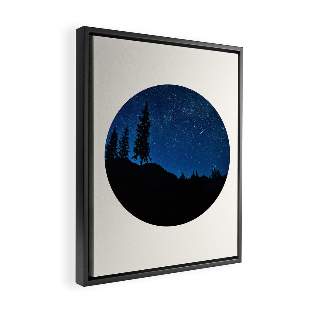 Mid Century Modern Round Circle Photo Blue Star Night Sky Pine Tree Silhouette Framed Canvas Print Gallery Image 2