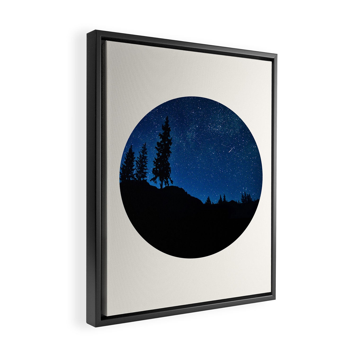 Mid Century Modern Round Circle Photo Blue Star Night Sky Pine Tree Silhouette Framed Canvas Print Gallery Image 2