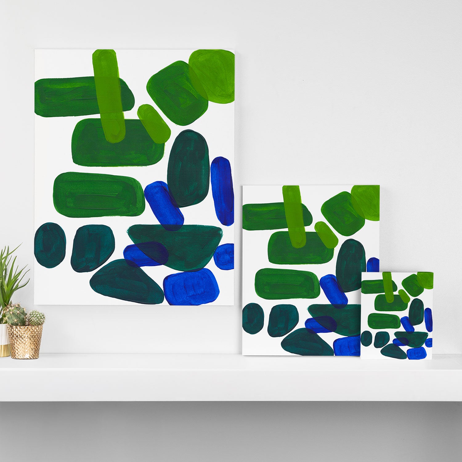 Mid Century Vintage Abstract Minimalist Colorful Pop Art Phthalo Blue Lime Green Pebble Shapes Canvas Print Gallery Image 3