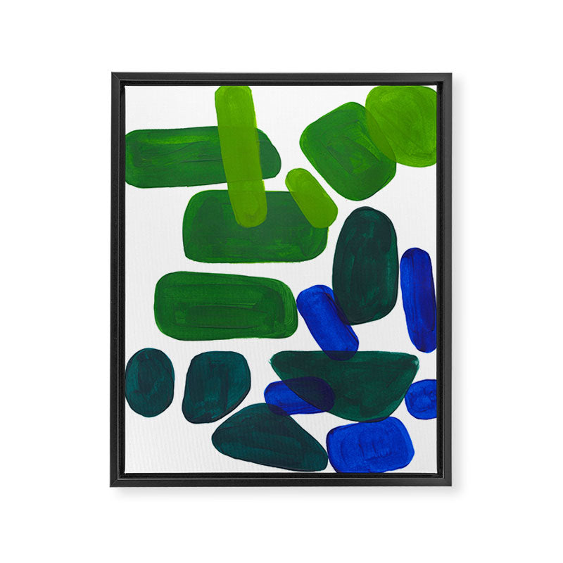 Mid Century Vintage Abstract Minimalist Colorful Pop Art Phthalo Blue Lime Green Pebble Shapes Framed Canvas Print Gallery Image 3