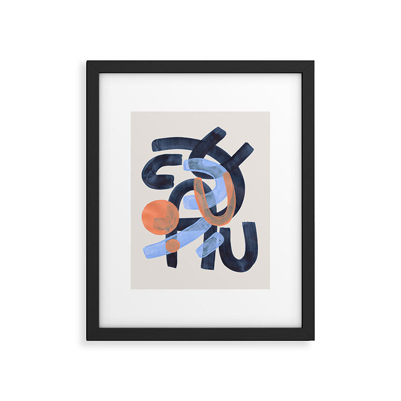 Midcentury Modern Minimalist Funky Cool Tribal Pattern Paynes Grey Pastel Blue Tan Shapes by Ejaaz Haniff Framed Art Print Gallery Image 5