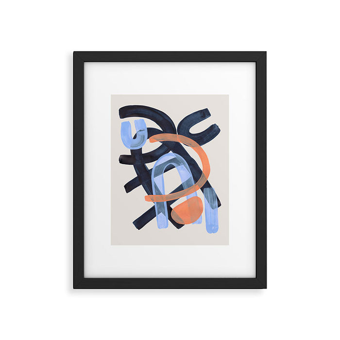 Midcentury Modern Minimalist Funky Cool Tribal Pattern Paynes Grey Pastel Blue Tan Shapes by Ejaaz Haniff Framed Art Print Gallery Image 1