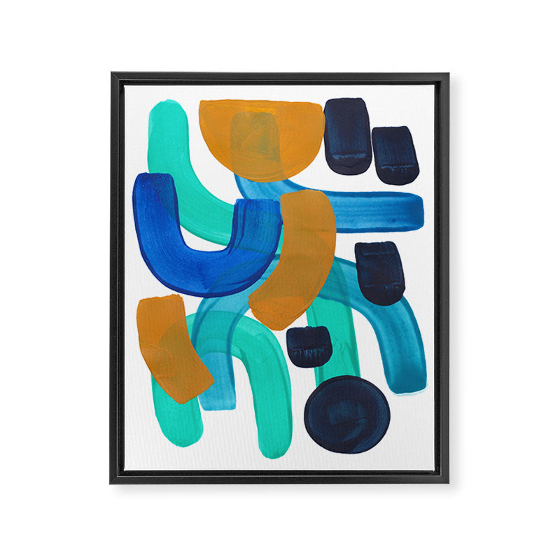 Minimalist Abstract Mid Century Modern Colorful Shapes Marine Green Teal Blue Yellow Pattern Framed Canvas Print Gallery Image 6