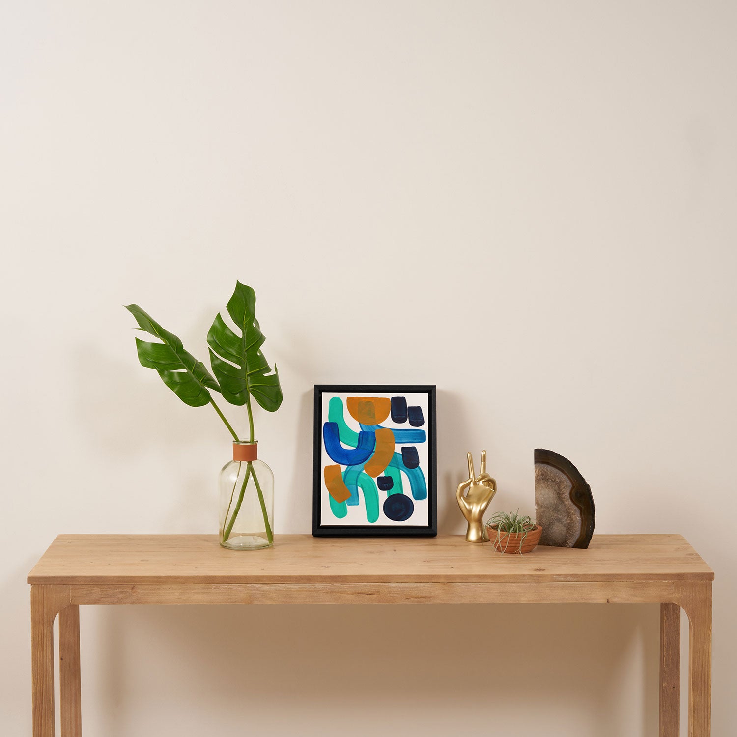 Minimalist Abstract Mid Century Modern Colorful Shapes Marine Green Teal Blue Yellow Pattern Framed Canvas Print Gallery Image 4