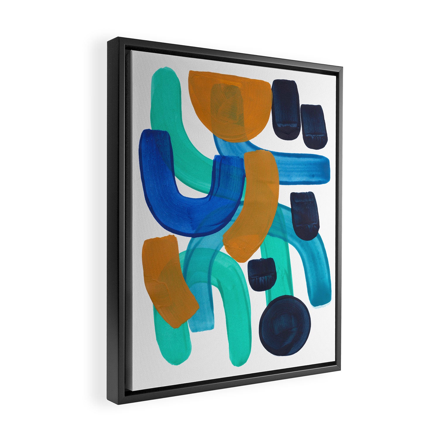 Minimalist Abstract Mid Century Modern Colorful Shapes Marine Green Teal Blue Yellow Pattern Framed Canvas Print Gallery Image 2