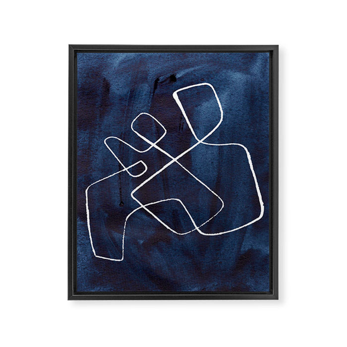 Minimalist Minimal Line Drawing Maze Dark Navy Blue Painting Mid Century Modern Cool Funky Trendy Framed Canvas Print Gallery Image 1