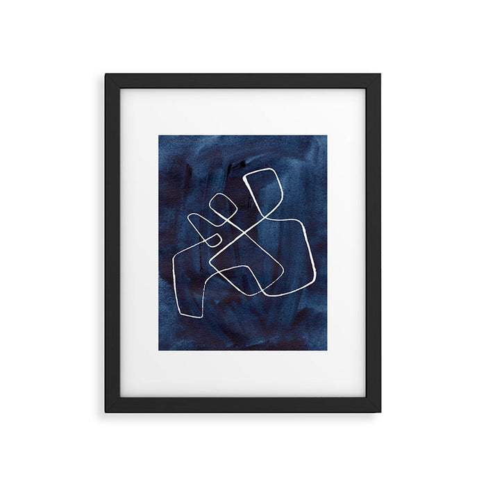 Minimalist Minimal Line Drawing Maze Dark Navy Blue Painting Mid Century Modern Cool Funky Trendy Framed Art Print Gallery Image 1