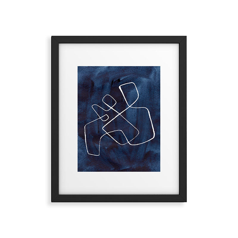 Minimalist Minimal Line Drawing Maze Dark Navy Blue Painting Mid Century Modern Cool Funky Trendy Framed Art Print Gallery Image 5