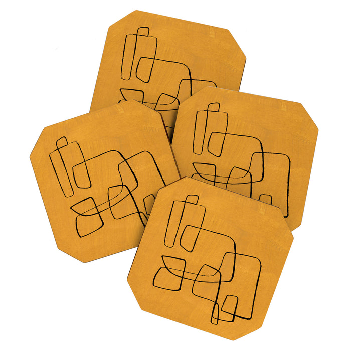 Minimalist Minimal Line Drawing Maze Mustard Yellow Painting Mid Century Modern Cool Funky Trendy Coaster Gallery Image 1