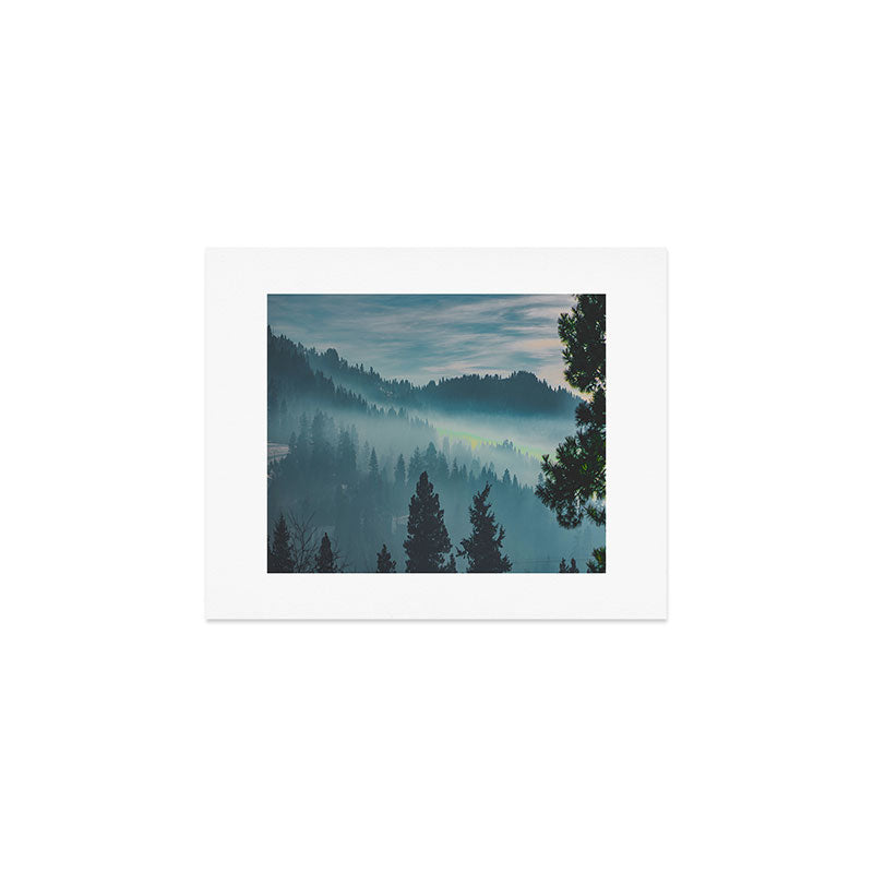 Misty Blue Watercolor Mountains Pine Trees Silhouette Minimalist Monochromatic Photo Art Print Gallery Image 1