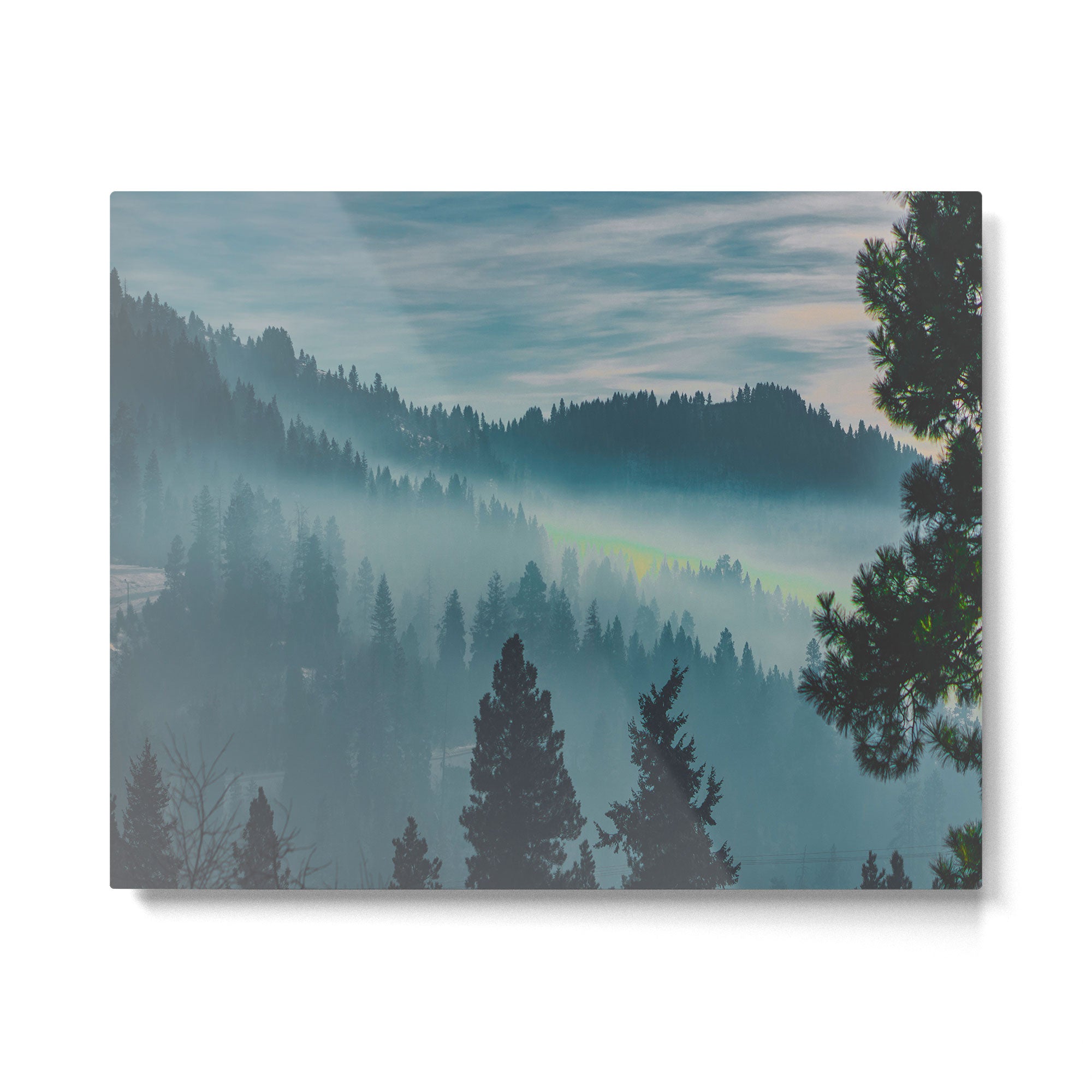 Misty Blue Watercolor Mountains Pine Trees Silhouette Minimalist Monochromatic Photo Metal Print Gallery Image 4