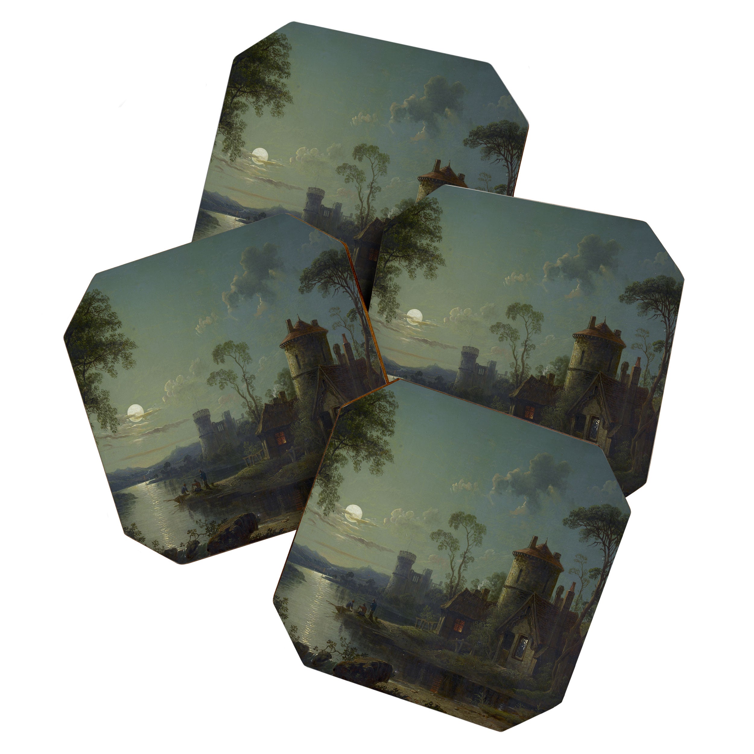 Moonlight River Cottage Antique Painting Coaster Gallery Image 1