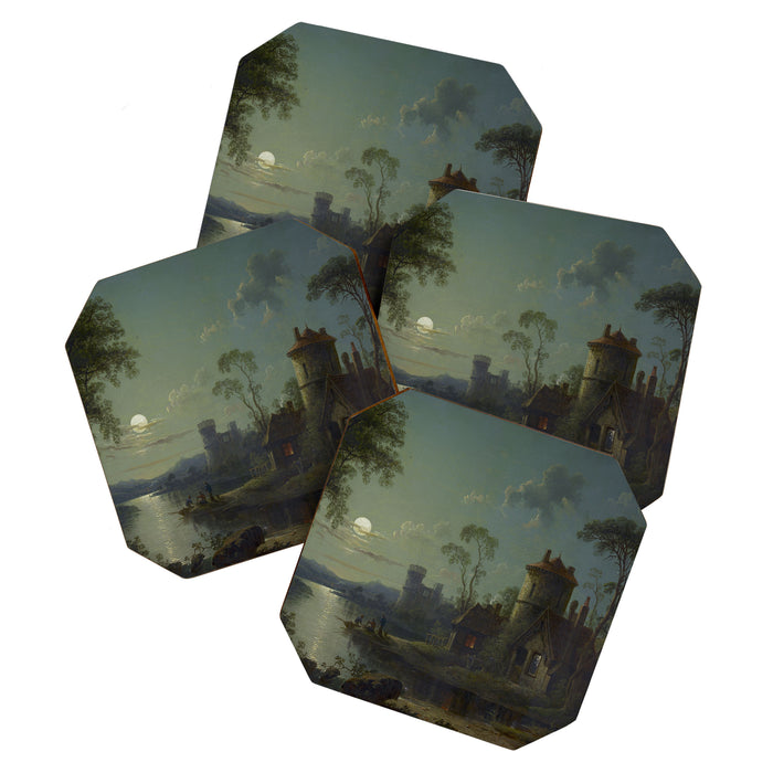 Moonlight River Cottage Antique Painting Coaster Gallery Image 1