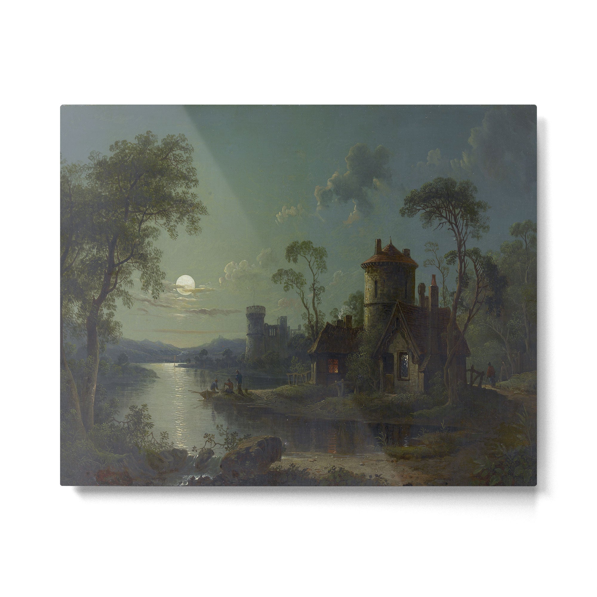 Moonlight River Cottage Antique Painting Metal Print Gallery Image 4