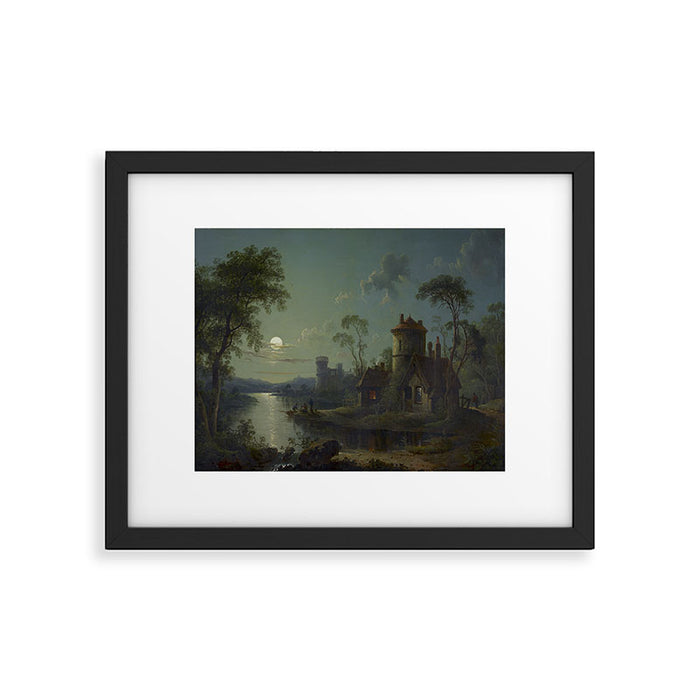 Moonlight River Cottage Antique Painting Framed Art Print Gallery Image 1