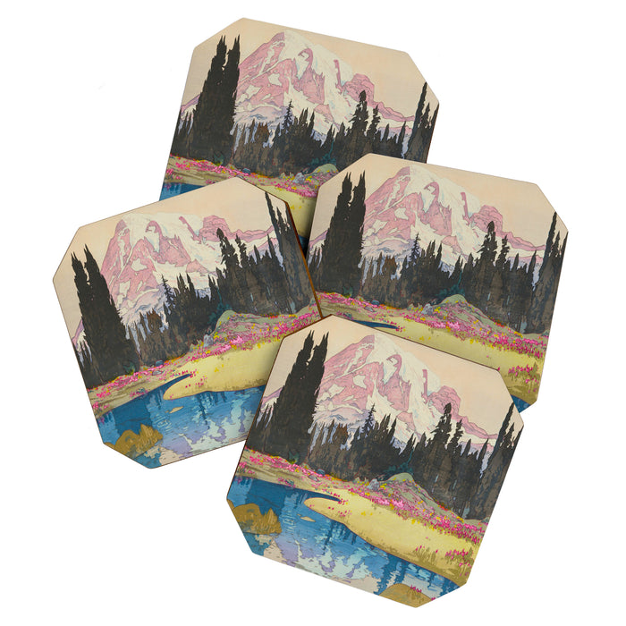 Mount Rainier Vintage Beautiful Japanese Woodblock Print Hiroshi Yoshida Coaster Gallery Image 1