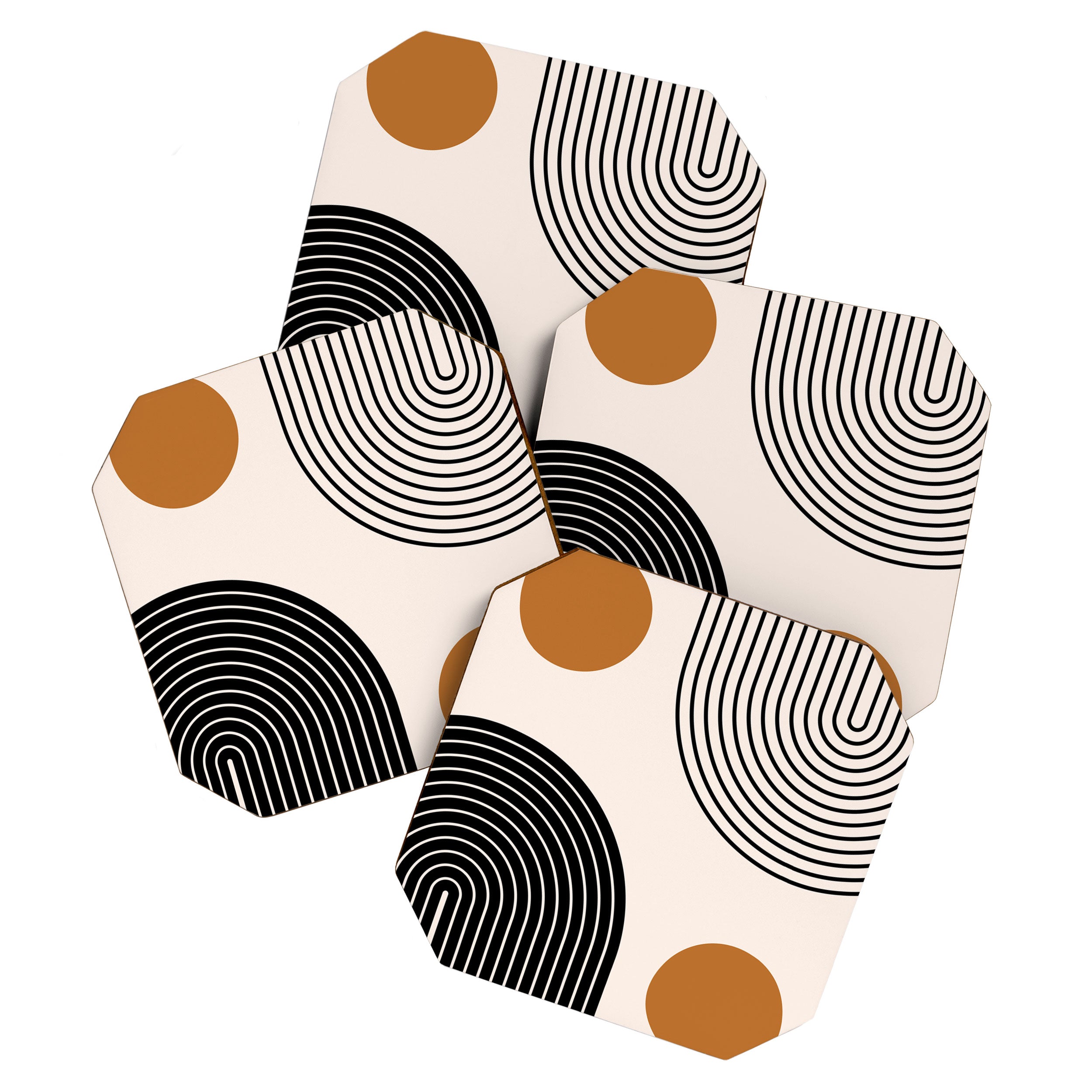 Nesting Rainbow Lines Geometric Pattern Race Track Lines Orange Circles Mid Century Modern Cool Magical Mystical Abstract Art Bohemian Boho Style Trendy Coaster Gallery Image 1