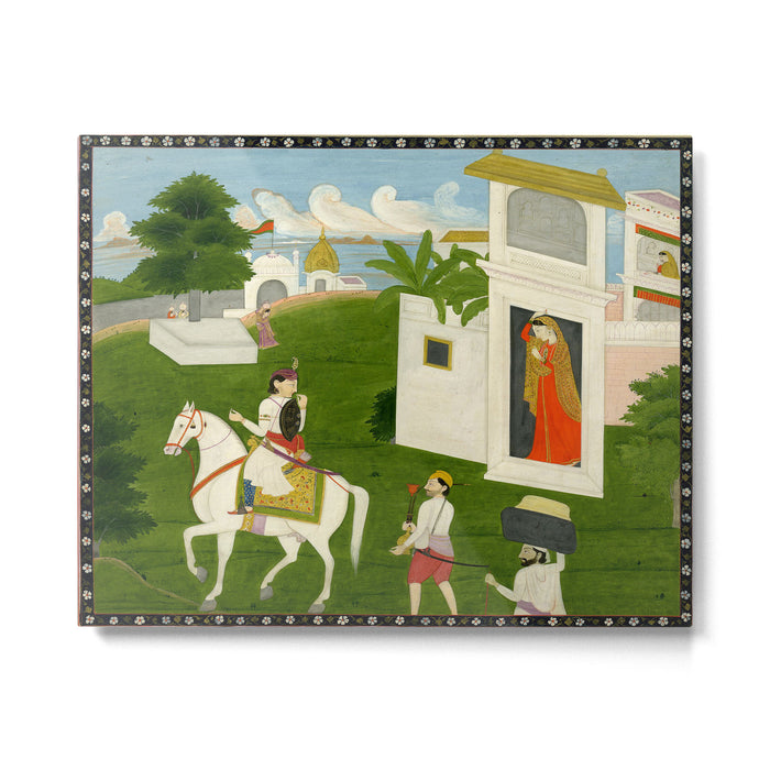  Painting. Love. A prince on a horse with attendants, taking leave of a lady. Indian Art Painted on paper.  Metal Print Gallery Image 1