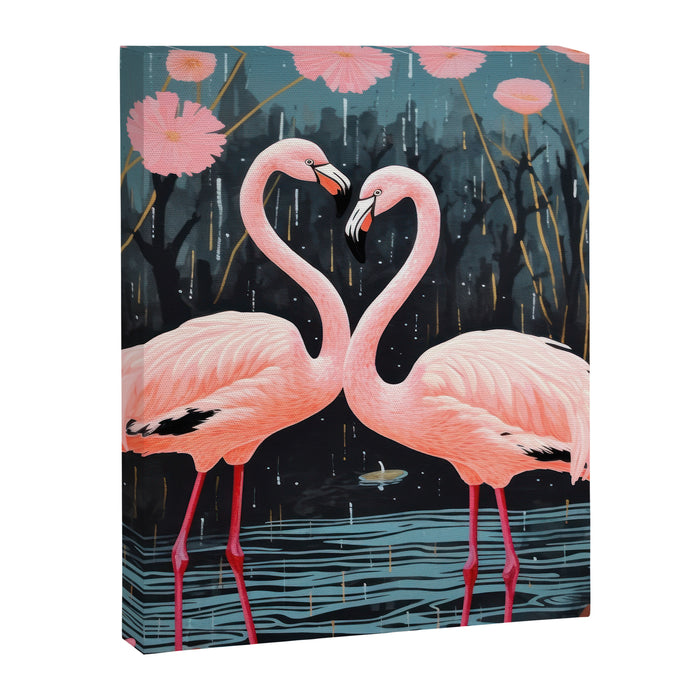 Pink Flamingos Pair In The Teal Rain Canvas Print Gallery Image 1