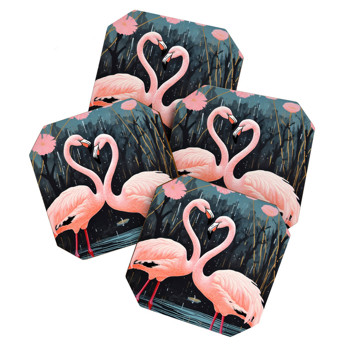 Pink Flamingos Pair In The Teal Rain Coaster Gallery Image 1
