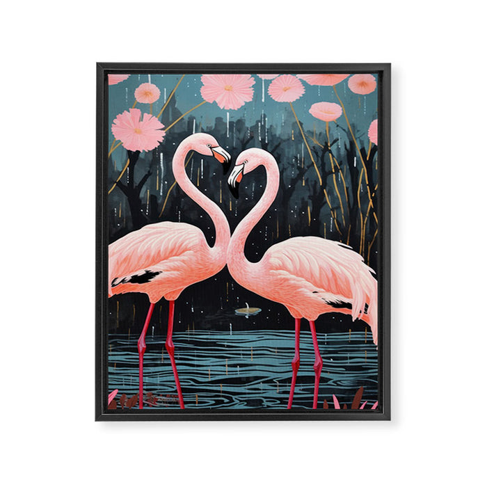Pink Flamingos Pair In The Teal Rain Framed Canvas Print Gallery Image 1