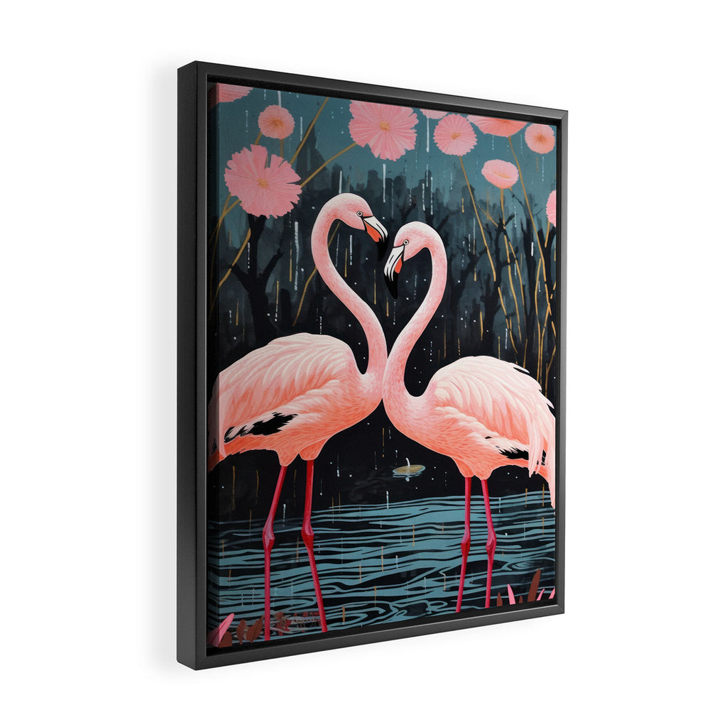 Pink Flamingos Pair In The Teal Rain Framed Canvas Print Gallery Image 2