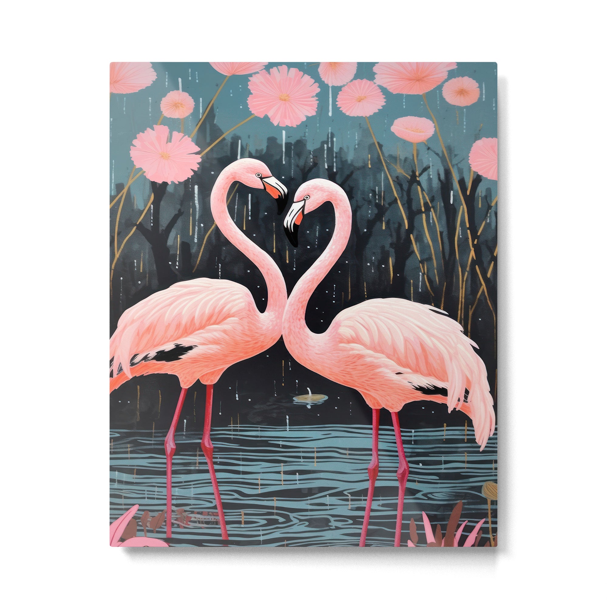 Pink Flamingos Pair In The Teal Rain Metal Print Gallery Image 4