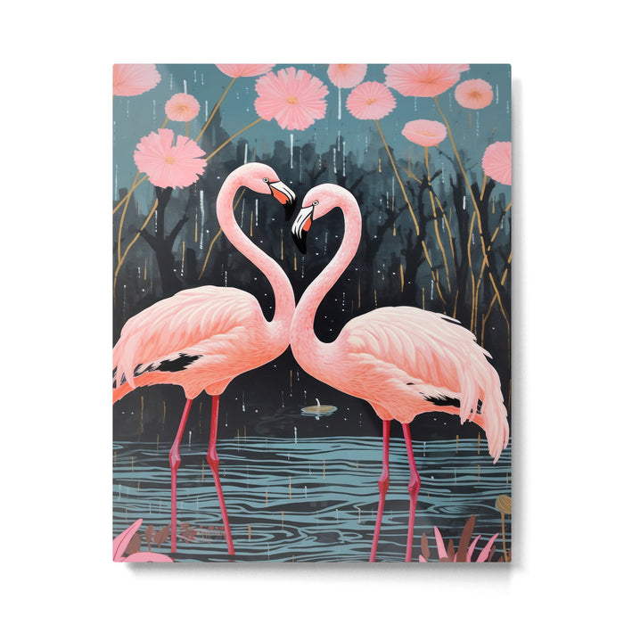 Pink Flamingos Pair In The Teal Rain Metal Print Gallery Image 1