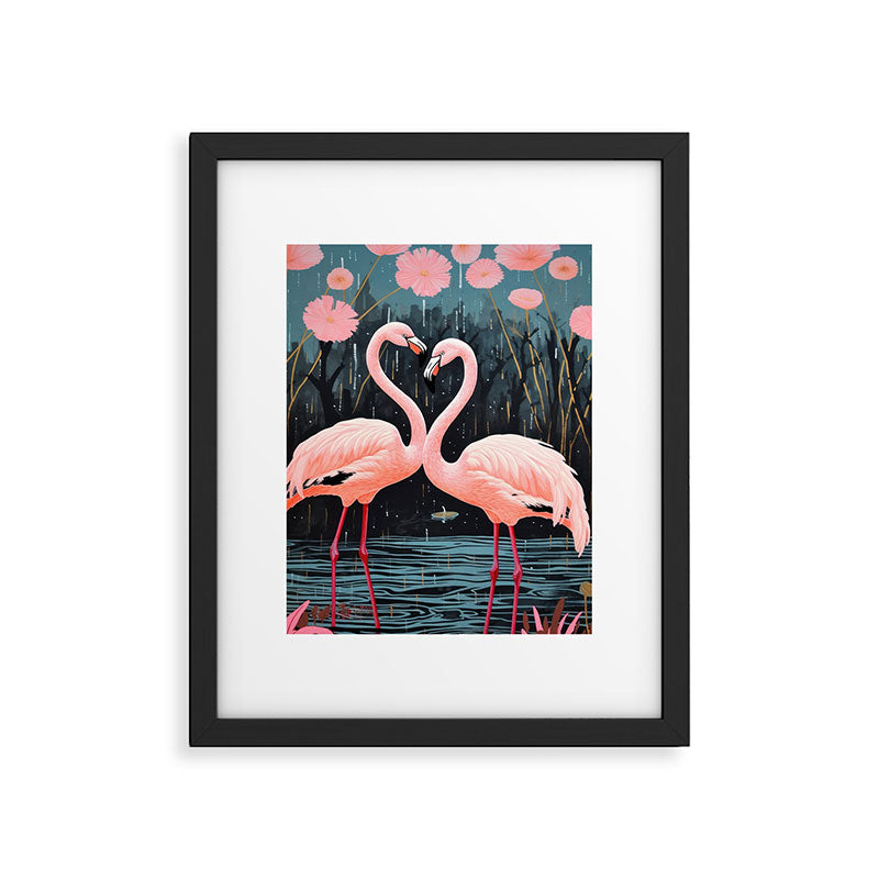 Pink Flamingos Pair In The Teal Rain Framed Art Print Gallery Image 5