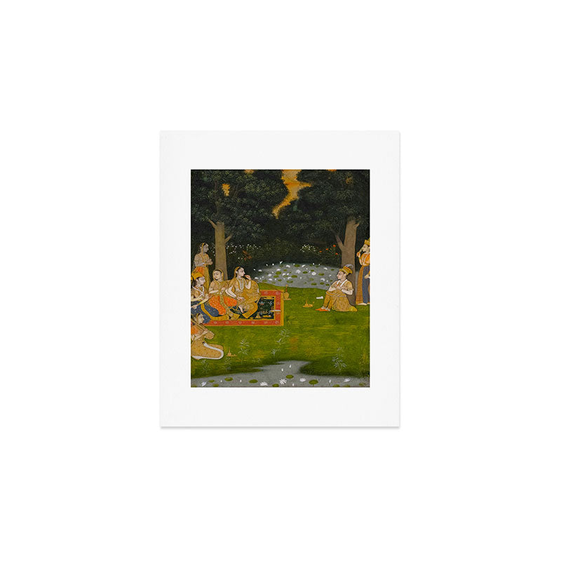Princely ascetic in the forest visited by ladies c. 1760 Gum tempera and gold on paper Indian Miniature Painting  Art Print Gallery Image 1