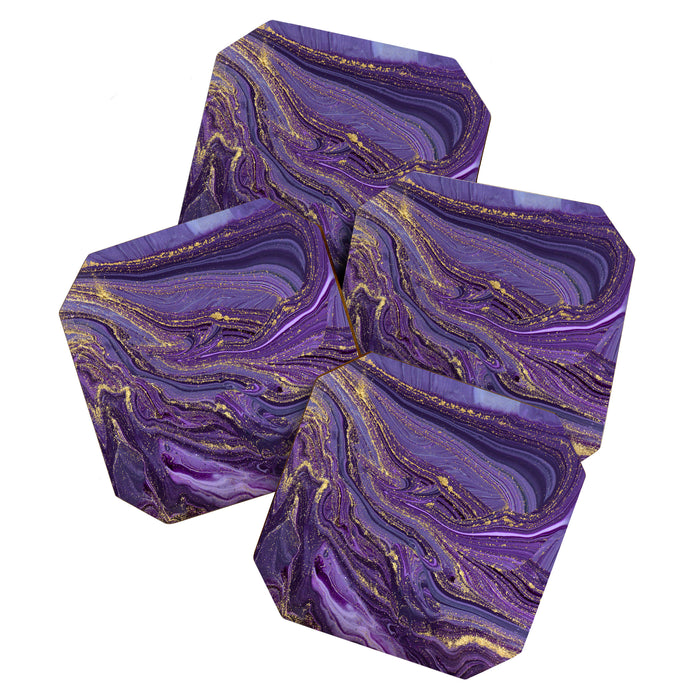 Purple Marble Glitter Gold Fluid Painting Pouring Jupiter Surface Glamorous Shiny Metallic Accents Coaster Gallery Image 1