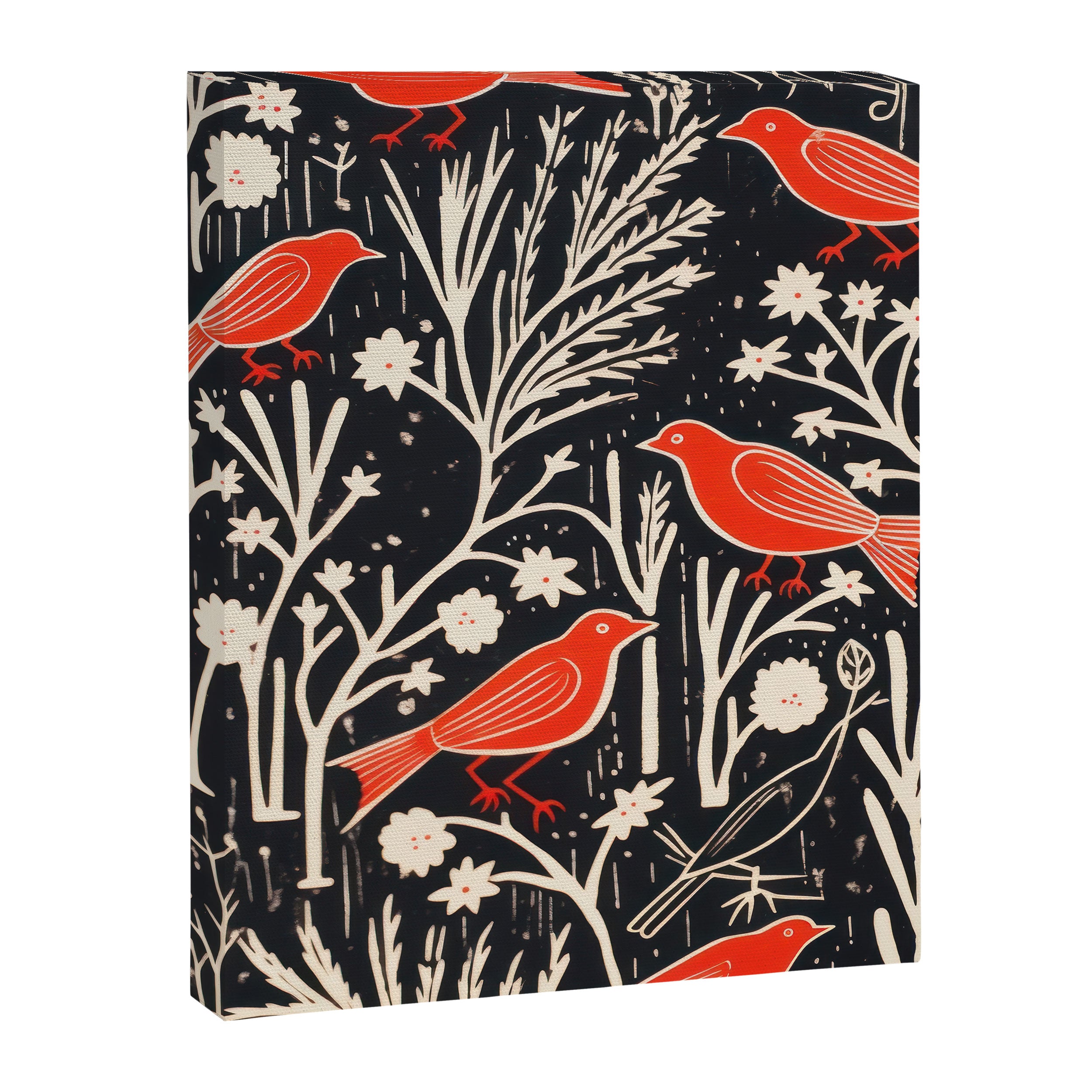 Red And Black Woodblock Birds Canvas Print Gallery Image 6