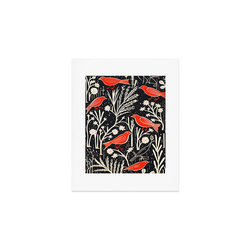 Red And Black Woodblock Birds Art Print Gallery Image 1