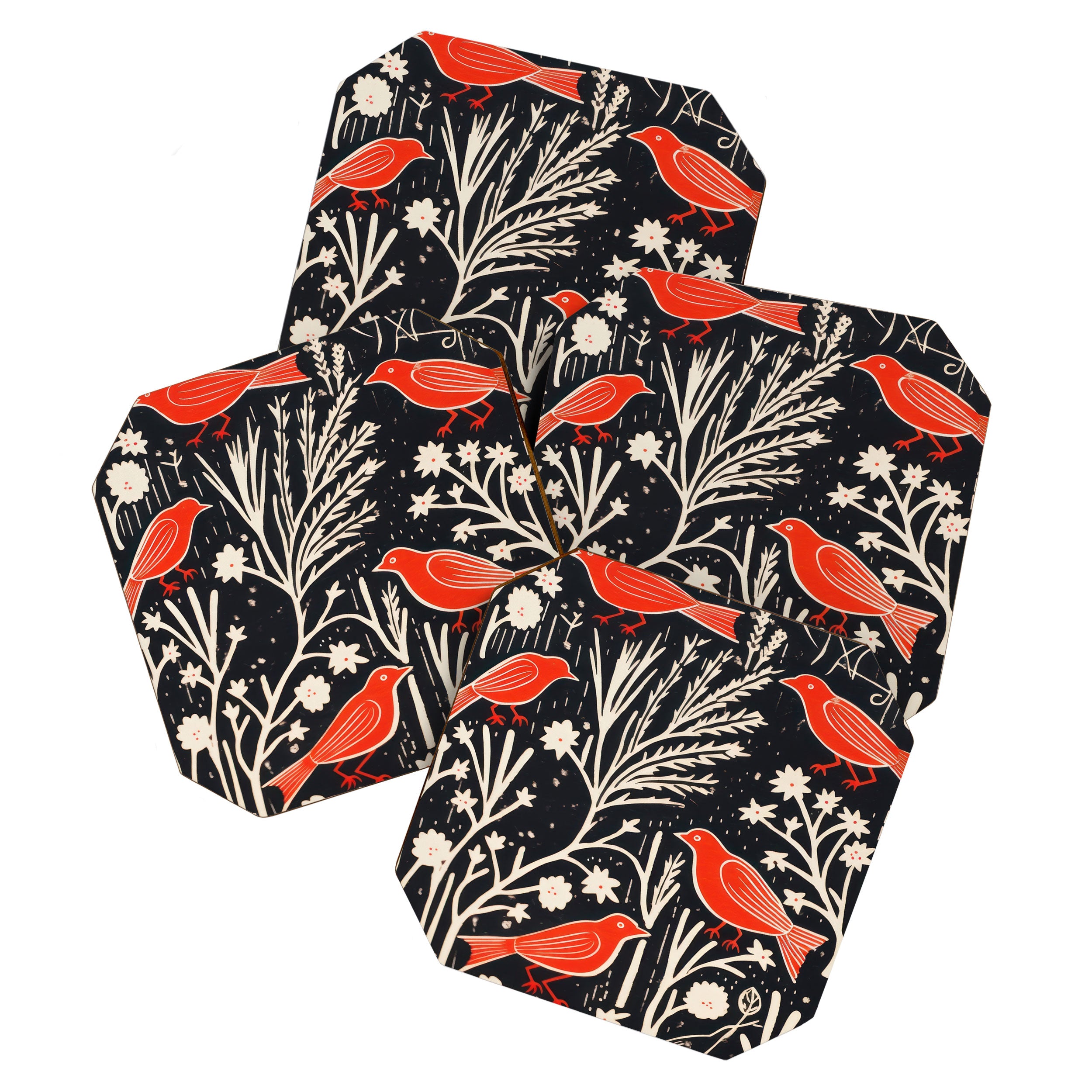 Red And Black Woodblock Birds Coaster Gallery Image 1