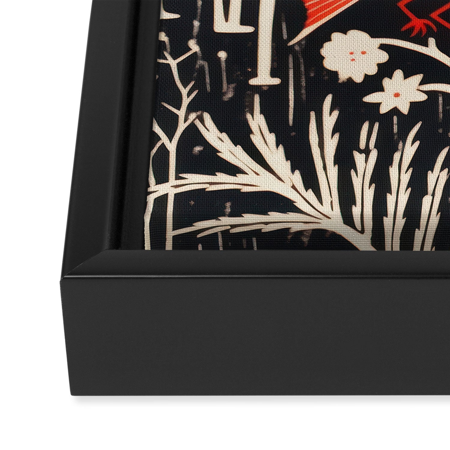 Red And Black Woodblock Birds Framed Canvas Print Gallery Image 3