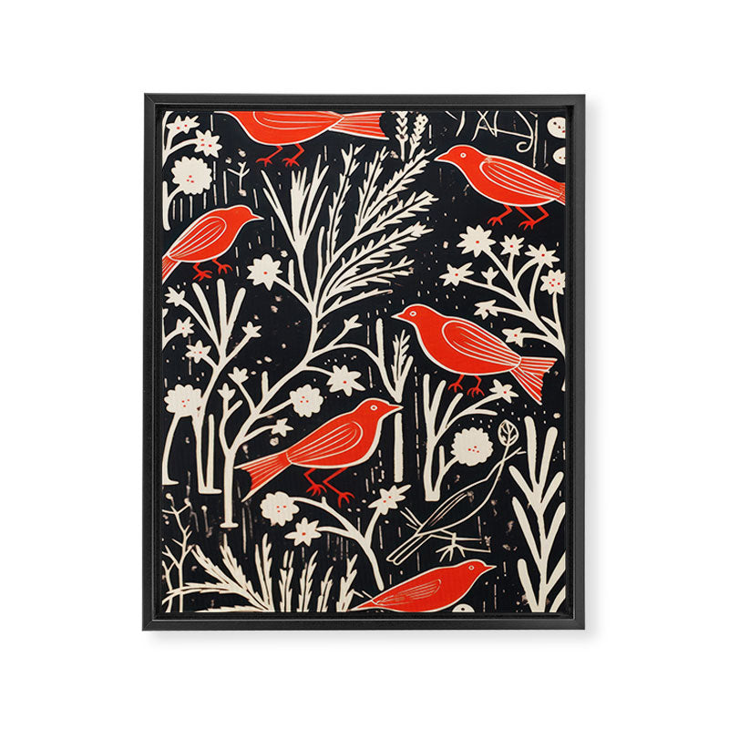 Red And Black Woodblock Birds Framed Canvas Print Gallery Image 6