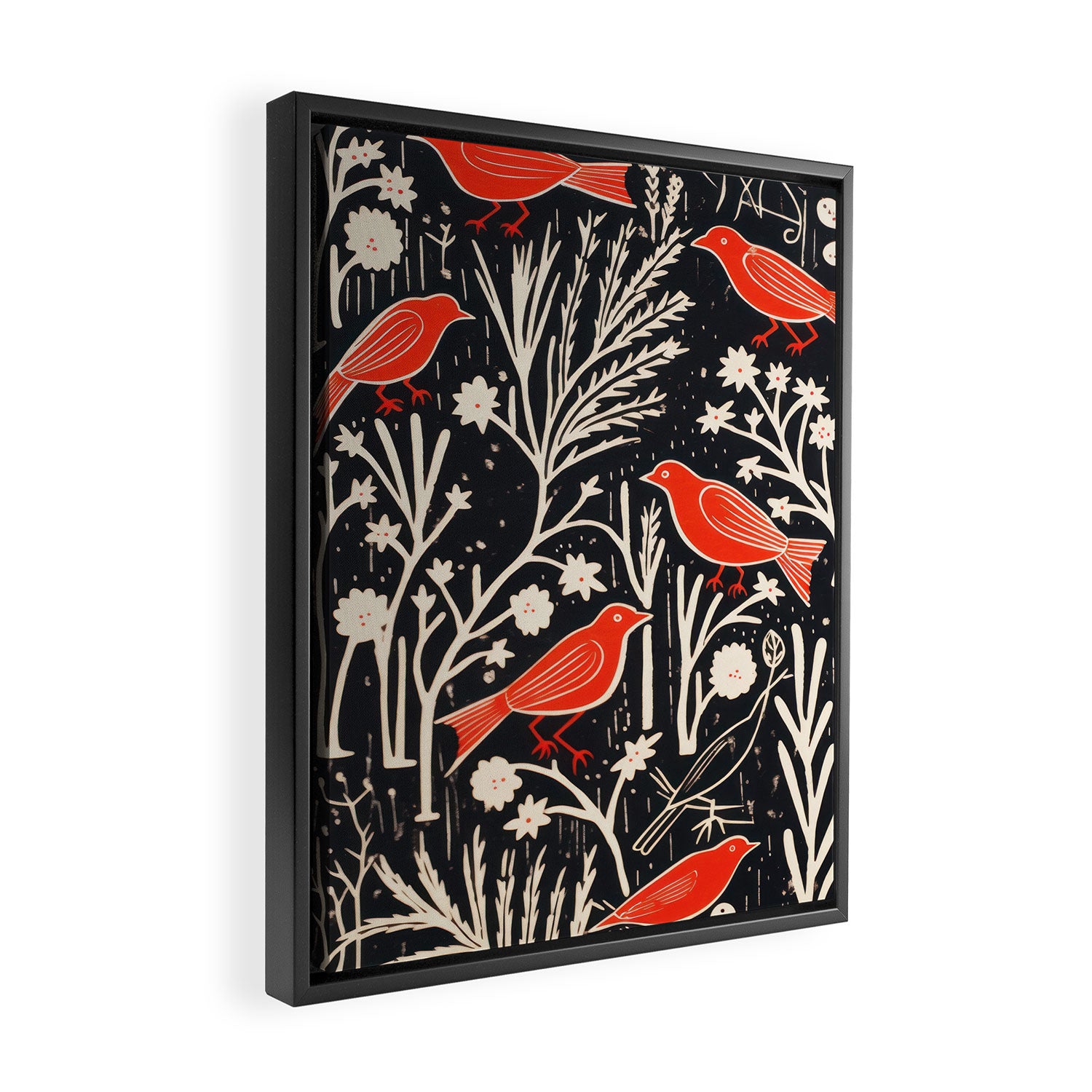 Red And Black Woodblock Birds Framed Canvas Print Gallery Image 2