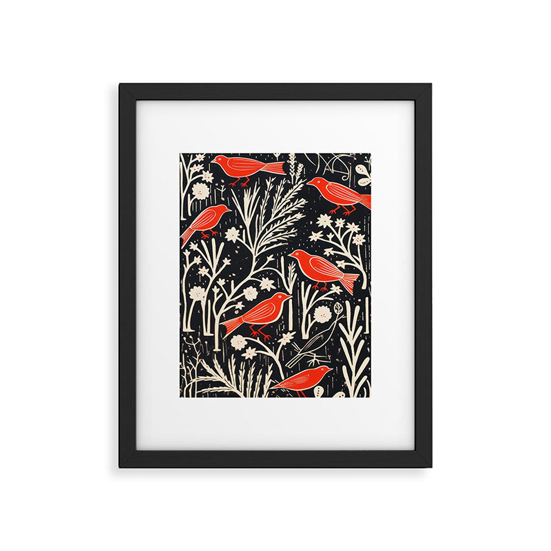 Red And Black Woodblock Birds Framed Art Print Gallery Image 5