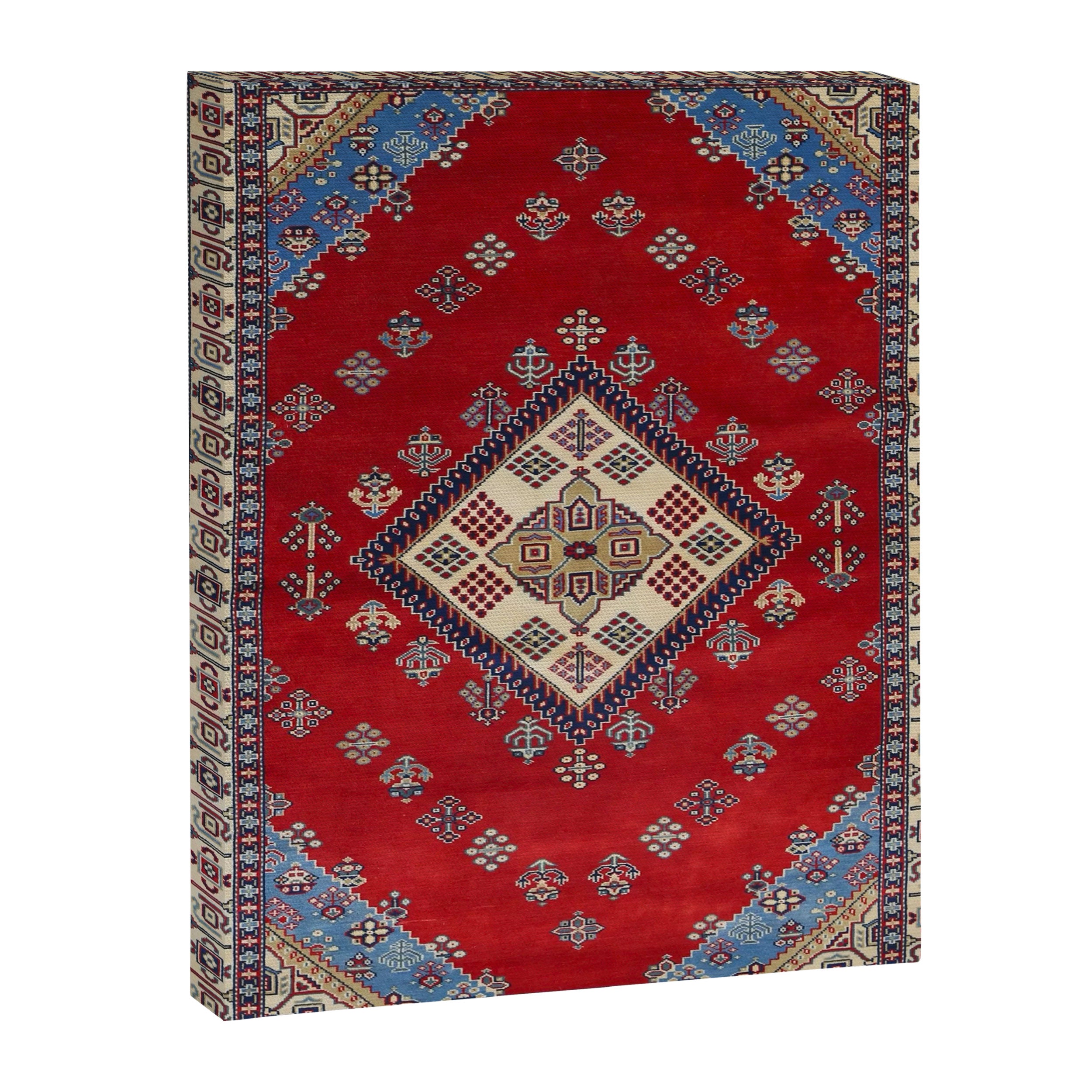 Red Diamond Blue Bluffs Kazak Persian Handmade Rugs  Canvas Print Gallery Image 6