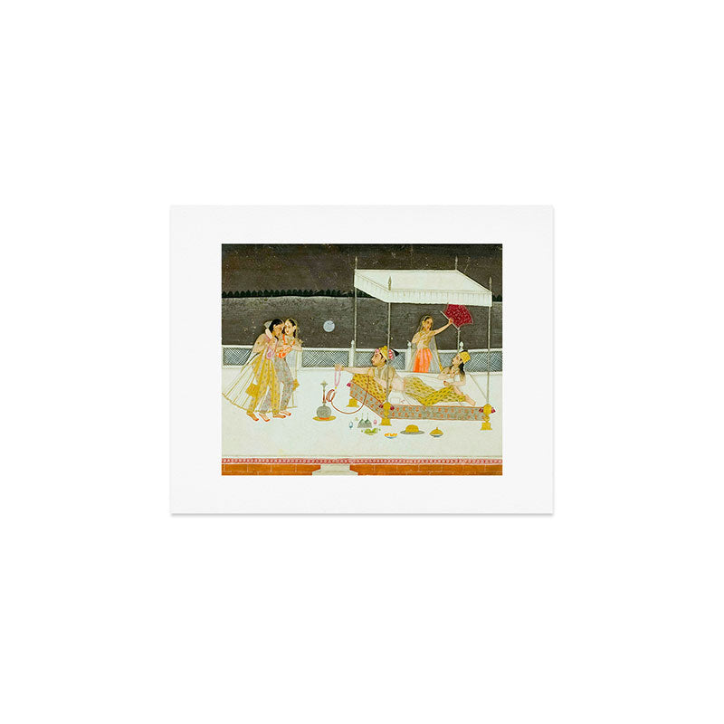 seduction scene on a terrace by moonlight Indian Miniature Painting Art Print Gallery Image 1