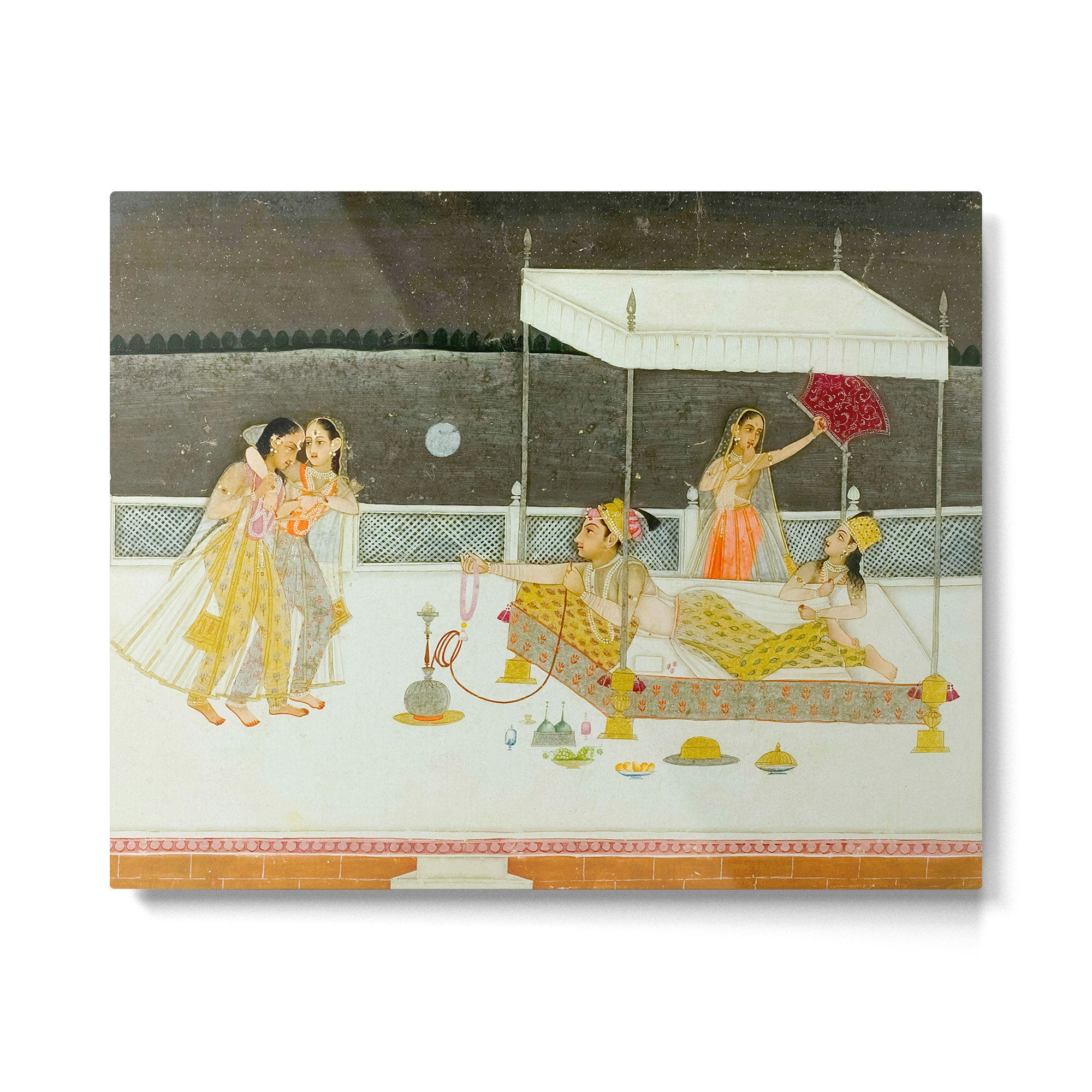 seduction scene on a terrace by moonlight Indian Miniature Painting Metal Print Gallery Image 4
