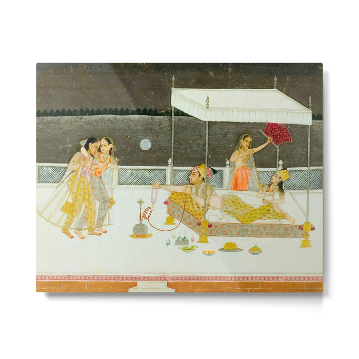 seduction scene on a terrace by moonlight Indian Miniature Painting Metal Print Gallery Image 1