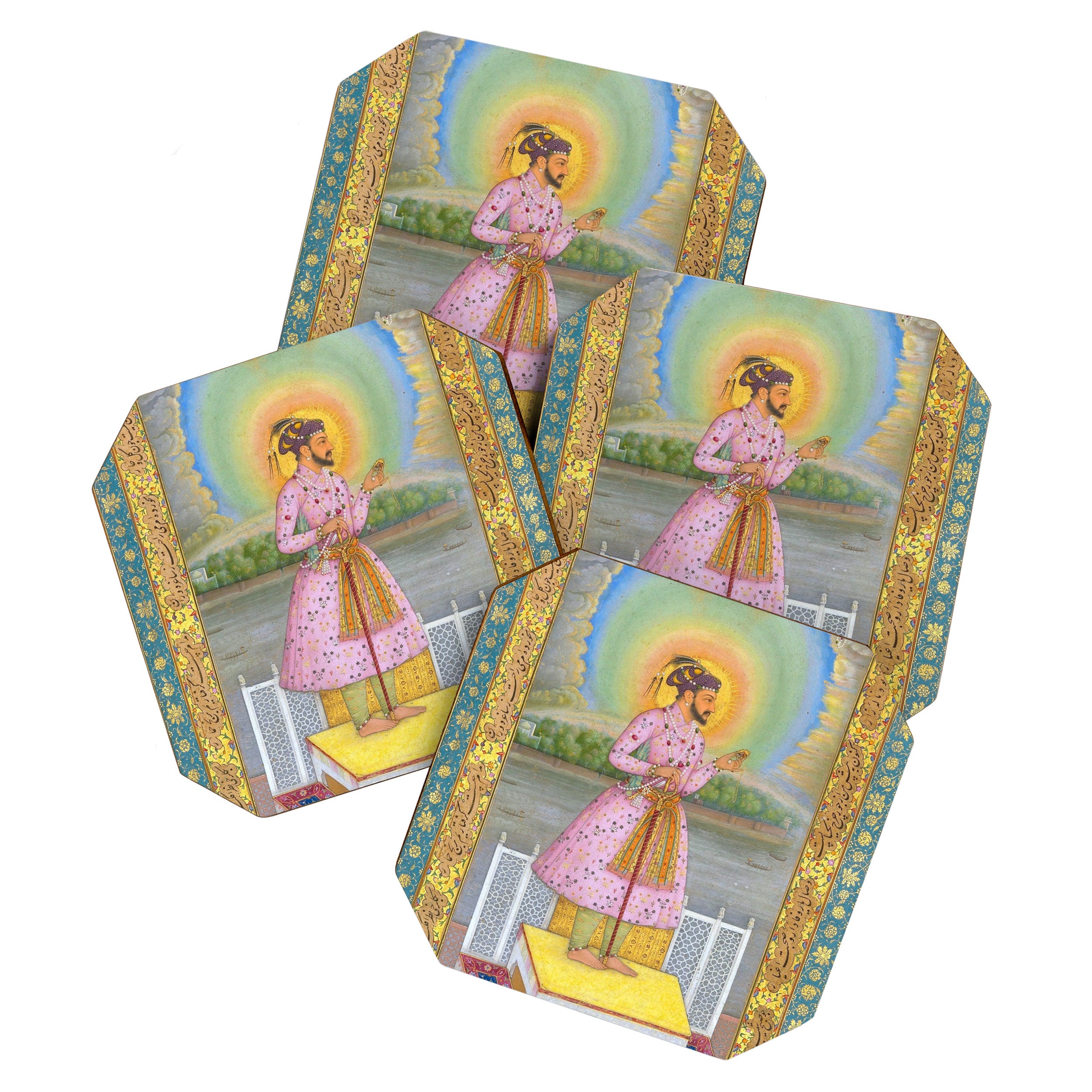 Shah Jahan on a Terrace, Holding a Pendant Set With HisAntique Indian Miniature Painted Illustration Coaster Gallery Image 1