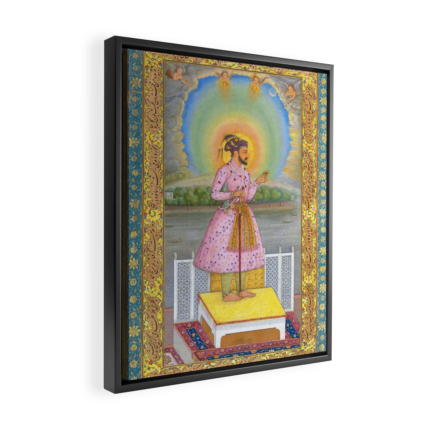 Shah Jahan on a Terrace, Holding a Pendant Set With HisAntique Indian Miniature Painted Illustration Framed Canvas Print Gallery Image 2