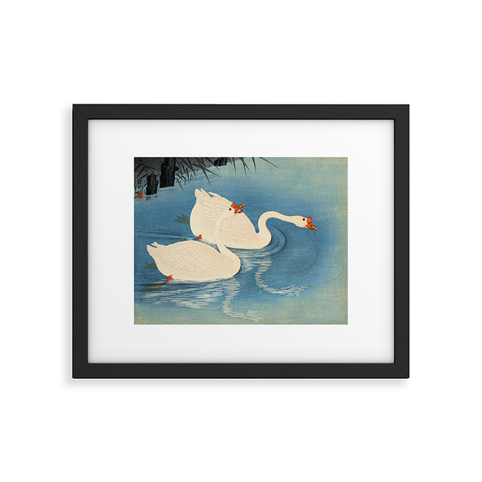 Shoson Two Geese Swimming Near Shore Antique Japanese Woodblock Print  Framed Art Print Gallery Image 1